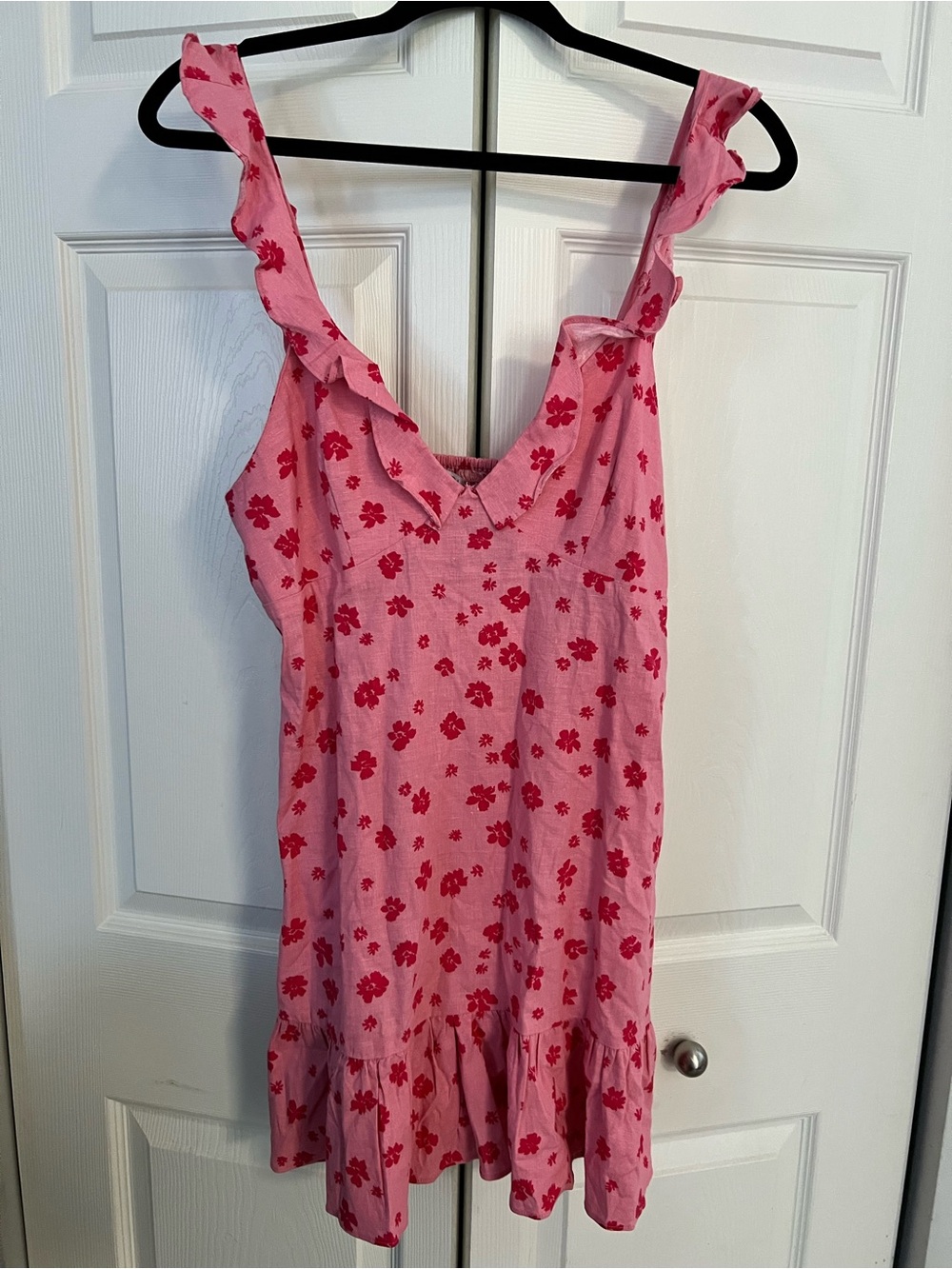 Zara Pink Dress with Red Floral Print and Ruffle Straps